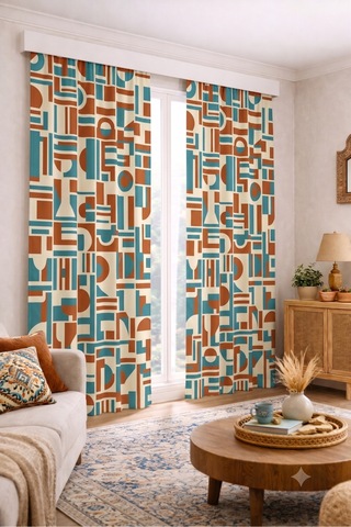 Modern Vintage Desenli Fon Perdesi 140x260 Cm 2 Kanat Dekoratif Dijital Baskılı Premium Salon Oturma Odası Yatak Odası Pencere Perdesi Turkuaz