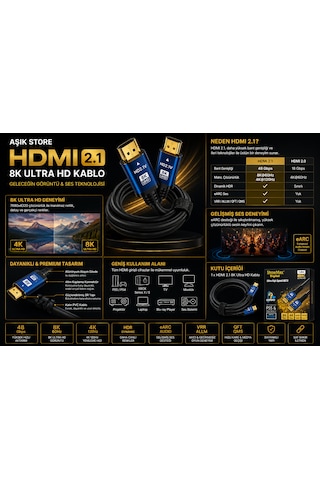Hdmı 2.1 Kablo 1.8 Metre 8k Ultra Hd 48gbps Earc Hdr Vrr 4k 120hz Altın Uçlu Ps5 Xbox Series X Yüksek Hızlı Hdmı Kablo