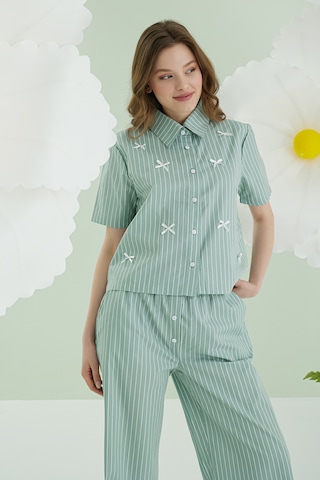 Nbb Kadın Yeşil Kurdele Önden Düğmeli Pijama Takım YESIL