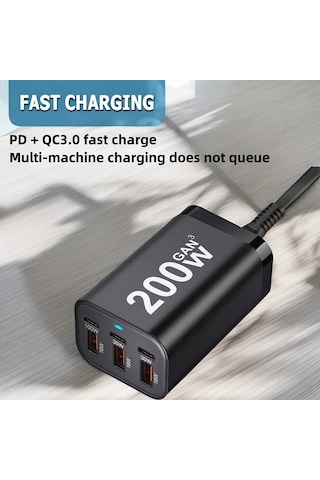 Elmpaly Usb C Hizli 200w 6 Port Sarj Aleti Black İphone Uyumlu 14 13 12 Serisi S23 S22 S21 İcin Gan Adaptor