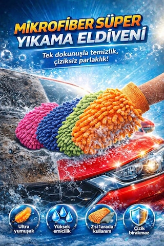 Mikrofiber Araç Temizlik Eldiveni Çift Taraflı Yıkama Araba Motor Jant İç Temizlik Eldiveni Mavi