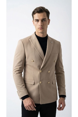 Plus Scorpion Erkek Kruvaze Blazer Ceket Slim Fit Premium Dokulu Şık Klasik Ceket Bej