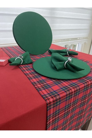 Kırmızı Masa Örtüsü ,ekose Runner , Yeşil Supla Seti , Peçete 4 Kişilik
