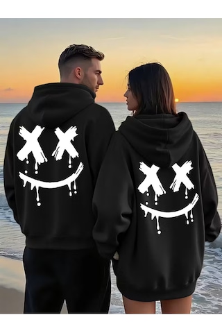 Nevermind Sevgili Çift Kombin Gülümseme Baskılı Renk Kapüşonlu Sweatshirt 2li Set Takım 3 İplik Pamuk Siyah