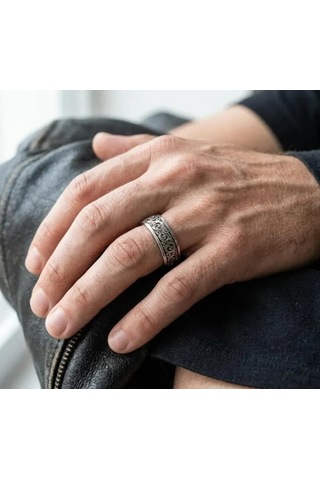 Kahveci.store Kişiye Özel Gümüş Renk Gravürlü Gotik Yüzük 22