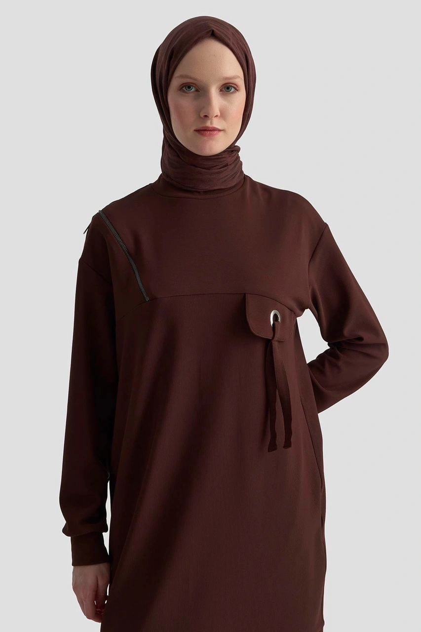 Armine Trend Cep Kapağı Kuşgözü Detaylı Fitilli Tunik Koyu Kahve 25kt453 Koyu Kahve