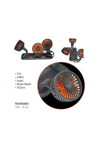 Nyf Benmax Oto Vantilatör Üç Fanlı Döner Başlık Usb Bağlantılı Bx14 043