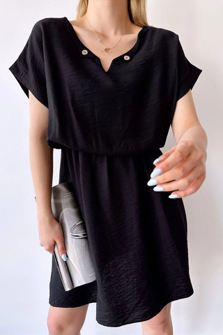 Kadın Siyah Kısa Kol, Kalp Yaka, Dokulu Desen, Bele Oturan, Aerobin Lastikli Bel Midi Elbise Siyah