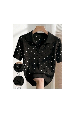 De Pose Polo Yaka Klasik Puantiyeli Triko Kadın Şık T-shirt Siyah - Beyaz De Pose Polo Yaka Klasik Puantiyeli Triko Kadın Şık T-shirt Siyah - Beyaz