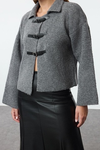 Ersefa Stil Modern Kadın Regular Standart Kol Polo Yaka Buklet Mont Görü Gri