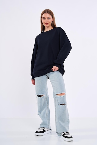 Comeor Lacivert Kadın Pamuklu Oversize Basic Bisiklet Yaka Sweatshirt 001