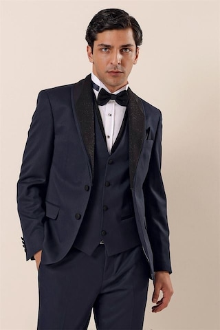 İmza Koyu Lacivert Desenli Çıkarılabilir Şal Yaka Yelekli 6 Drop Slim Fit Smokin Damatlık Takım 1001230204-Lacivert
