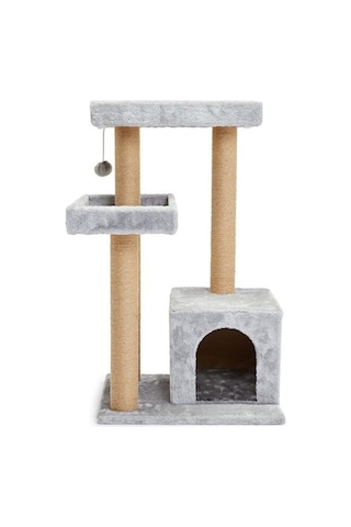 Reyo Pet Kulübeli Çift Teraslı Kedi Tırmalaması Gri