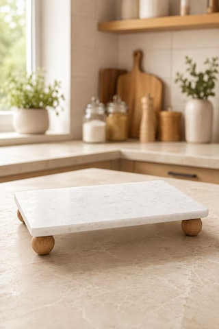 Top Ayaklı Doğal Mermer Sunumluk 23x12 Cm Ahşap Ayaklı Dekoratif Servis Standı Ve Yağlık Altlığı
