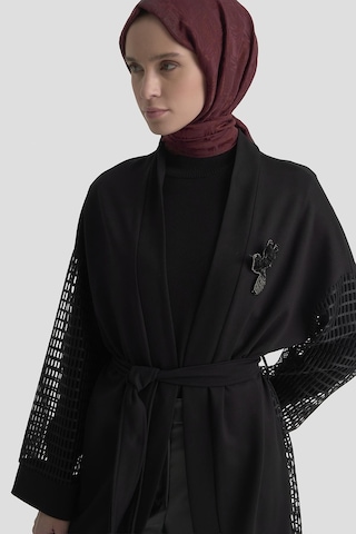 Armine Trend File Ve Broş Detaylı Kemerli Uzun Hırka Siyah 25kt561 Siyah