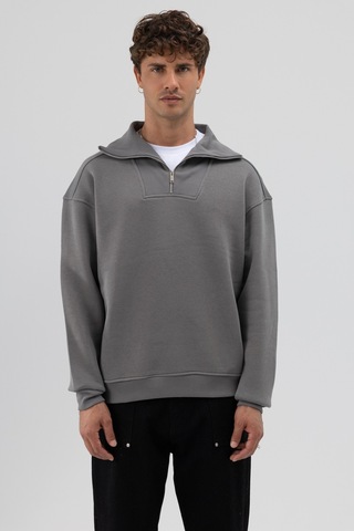 Vamos Basic Fermuarlı Dik Yaka Sweatshirt Füme