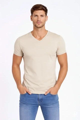 Butik İstanbul Erkek T-shirt V Yaka Slim Fit Dar Kesim Likralı Tişört Günlük Basic Body - Taş