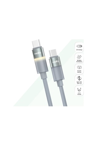 Type C Hızlı Şarj Kablosu Type-c To Type-c, 60w, 480 Mbps, 1.2m, Pd, Led Işıklı Gri V0201004