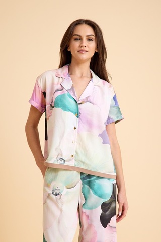 Paradise Çiçek Desenli Önden Düğmeli, Kısa Kollu Viskon İpeksi Pijama Takım Desenli