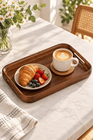 Akasya Ahşap Kulplu Servis Tepsisi 38x24x4 Cm - Dikdörtgen Kahvaltı Ve Kahve Sunum Tepsisi Çok Renkli