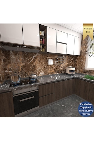 Technosmart 60x300cm Mermer Desen Kendinden Yapışkanlı Duvar Kağıdı Kaplama Mutfak Tezgeh Masa Folyo Kahverengi