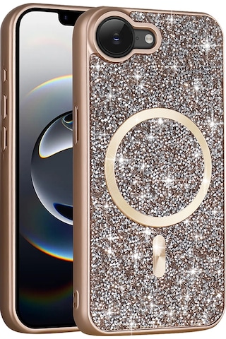Apple Uyumlu iPhone 17e Kılıf Pırlanta Tasarımlı M-safe Şarj Özellikli Mozaik Silikon Kılıf Desert Titanyum