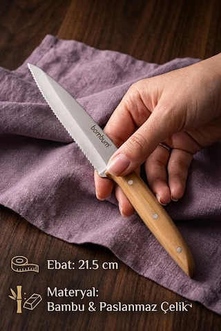 Bambum Gea 6'lı Bambu Saplı Steak Bıçağı Seti 21.5 Cm - Paslanmaz Çelik Lazer Tırtıklı Et Bıçağı