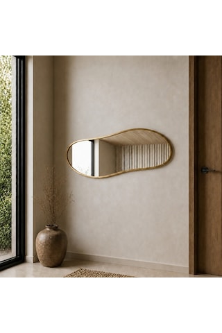 Modern Organik Form Banyo Aynası 40x120 Cm Asimetrik Minimalist Dekoratif Duvar Aynası Altın