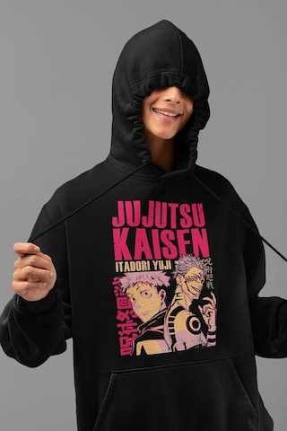 Jujutsu Kaisen Itadori Yuji Baskılı Unisex Oversize Anime Hoodie Siyah