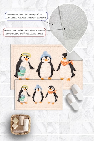 Penguen Desenli Dijital Baskılı Yıkanabilir 2li Banyo Paspası 50x60-60x100 Bej