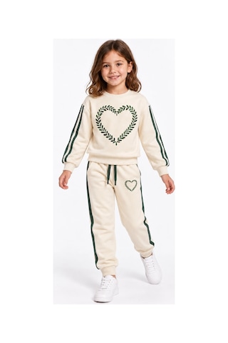 Rony Pony Kids Kız Çocuk Ekru Yeşil Kalp Desenli Şeritli Eşofman Takımı Sweatshirt Ve Jogger Pantolon Beyaz Yeşil