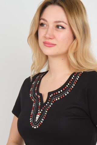 Ella Camelia Kadın Açma Yaka Taşlı Ve Desenli Pamuklu Bluz 23e010 Siyah Siyah