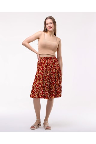 Kırmızı Midi Boy Çiçekli Şort Etek Kırmızı