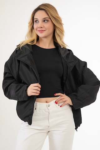 Riverstorm Kadın Siyah Su Ve Rüzgar Geçirmez Kapüşonlu Cepli Oversize Yağmurluk - Rüzgarlık Siyah