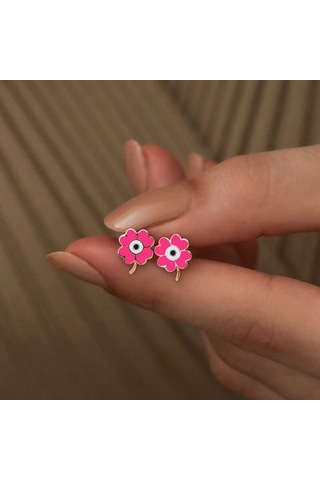 925 Ayar Gümüş Rose Kaplama Fosforlu Pembe Yonca Kadın Küpe Renkli