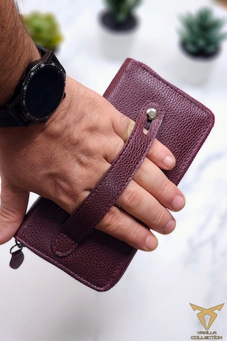 Xclub Model Unisex Telefon Bölmeli El Geçmeli Kordonlu Deri Portföy Kartlık Uzun Cüzdan Bordo Siyah