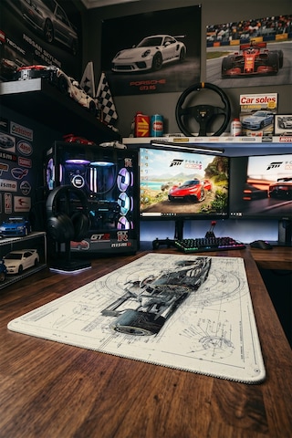 Formula 1 Yarış Arabası Blueprint 40x90 Cm Oyuncu Mousepad Kaymaz Taban Büyük Boy Mousepad Siyah