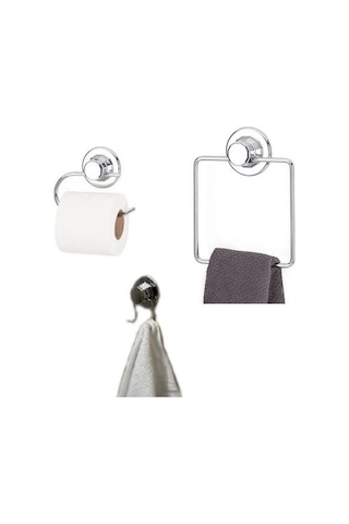 Hem Vantuzlu-vidalı Banyo Aksesuarı 3 Lü Set Kare Havluluk + Tuvalet Kağıtlığı + 2 Kancalı Havlu Askısı Gri