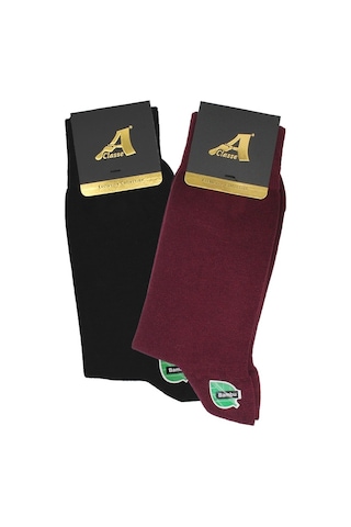 A Classe 2'Li Paket Düz Bordo-Siyah Bambu Erkek Çorap Bordo