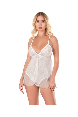 Beru Ekru Jakarlı Bodysuit Gecelik L