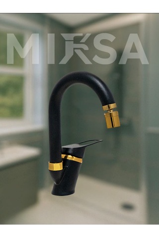 Lüx Siyah-gold Baston Borulu Oynar Başlıklı Perlatörlü Banyo Lavabo Bataryası, Çiftsugirişli