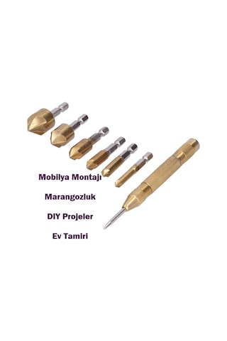 6 Parça Havşa Matkap Ucu Seti + Otomatik Punta Ahşap Mdf Metal Pah Kırma Havşa Açma Seti
