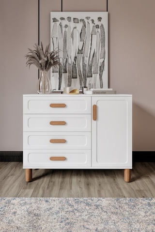 Flora Bohem Serisi 4 Çekmeceli 1 Kapaklı Şifonyer Modern Tasarım Mdf Mebran Kapak Beyaz 95x90 Beyaz - Altın