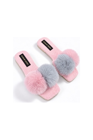 Dabab Shoes Pomella Kadın Pembe Çift Ponponlu Peluş Bantlı Kaymaz Tabanlı Önü Açık Ev Terliği
