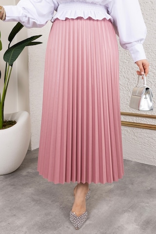 Hira Life Fashion Kadın Tesettür Giyim Ve Deri Görünümlü Beli Lastik Detayı İle Piliseli Uzun Etek Gül Gül