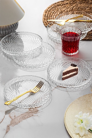 Porsima Venedik Pasta Tabağı Dik Tabak - 6lı Cam Sunumluk Pasta Kurabiye Kek İkram Servis Tabağı-16 Cm Şeffaf