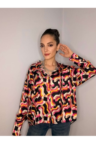 Ali Butik Retro Pembe Desenli Saten Gömlek Pembe