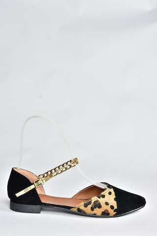 Fox Shoes Siyah/leopar Süet Zincir Detaylı Kadın Babet P726054502 Siyah Kahverengi