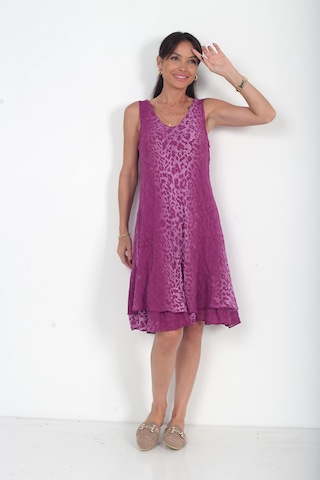 By Saygı Kadın İtalyan Cotton Leopar Desenli Astarlı Sıfır Kol Midi Elbise Mürdüm