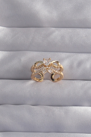 Pirinç Ayarlamalı Gold Renk Zirkon Taşlı 2li Görünüm Fiyonk Yüzü Renkli